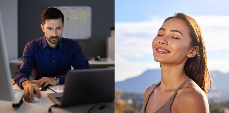 Split image showing screen use and relaxing outdoors